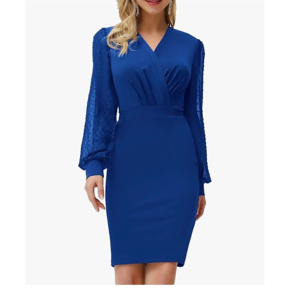 Grace Karin Women's Blue V-Neck Bodycon Dress Swiss Dot Sleeves Size S